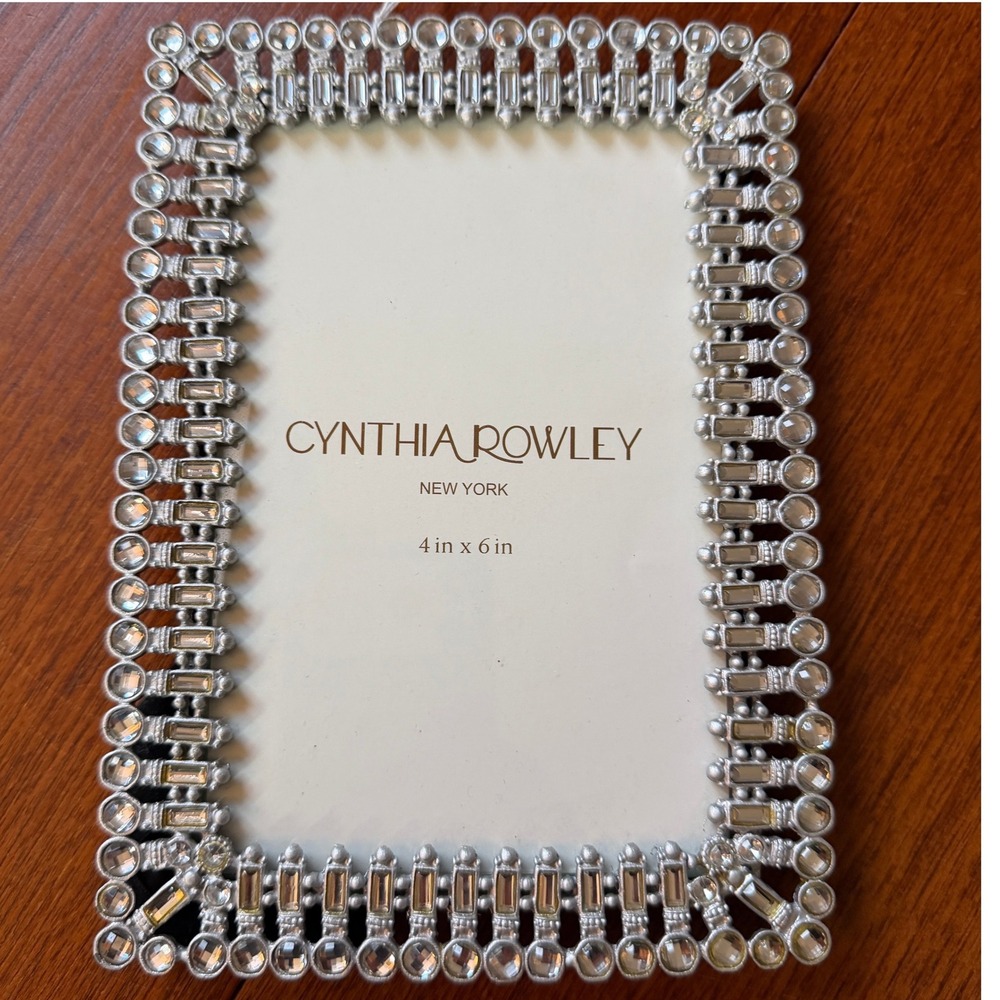 Cynthia Rowley Silver Jeweled Crystal 4x6 Picture Frame Glam Art Deco Regency